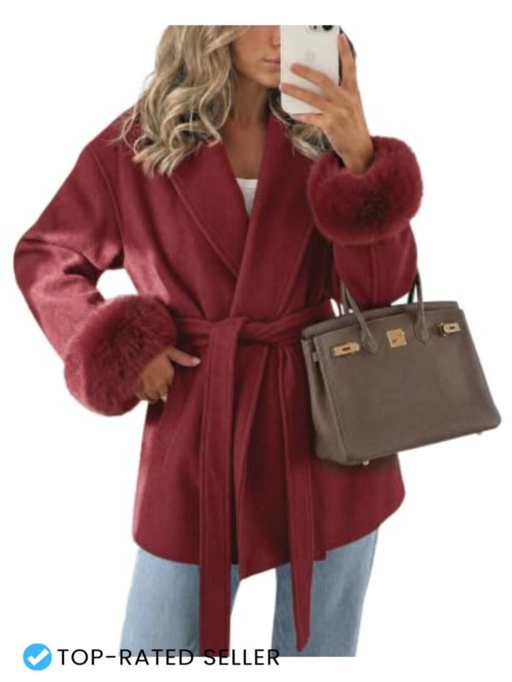 Womens Winter Wrap Pea Coat Faux Fur Lapel Belted Overcoat